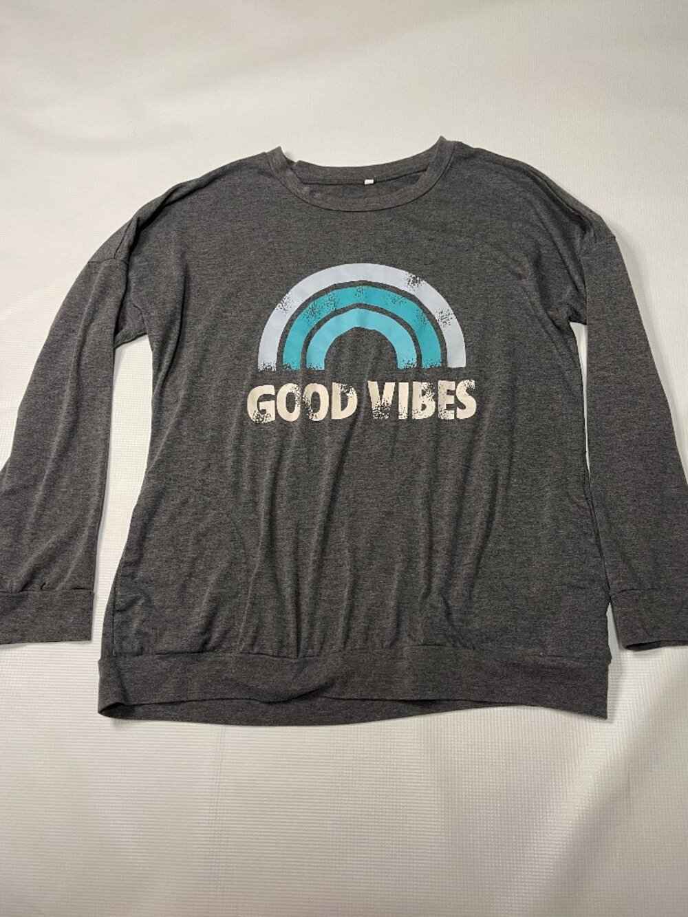Good Vibes Rainbow Graphic Lightweight Long Sleeve Shirt, Gray, Size Large